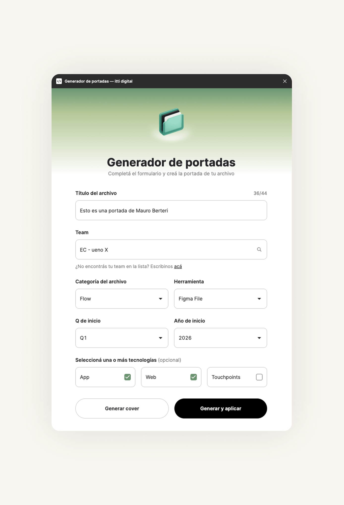Modal Generador de portadas para archivos del design system